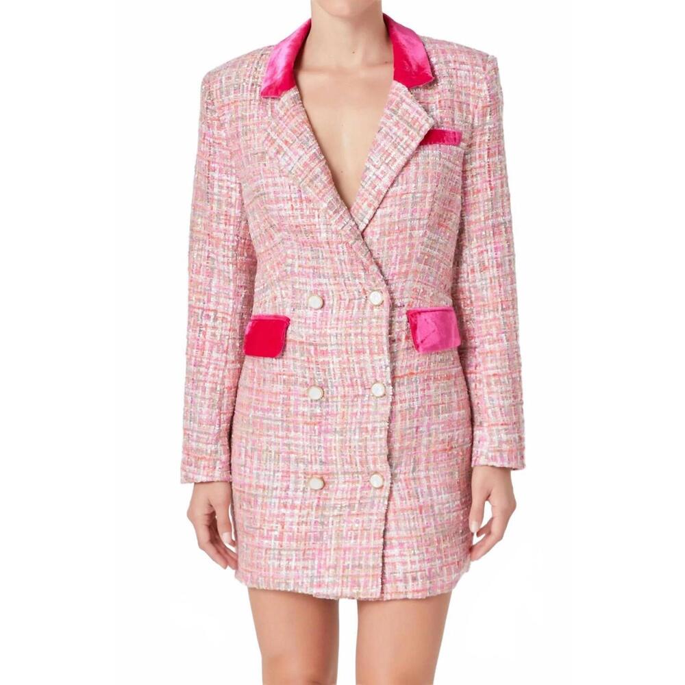 NEW 2.7 AUGUST APPAREL premium tweed blazer mini dress in pink